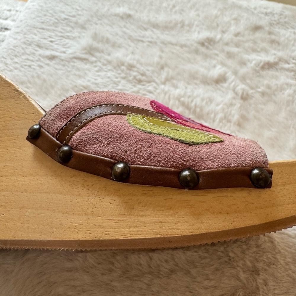 Coach Pink Suede Floral Slide Wedges  with Red Flowers and Green Leaves - Picture 5 of 8